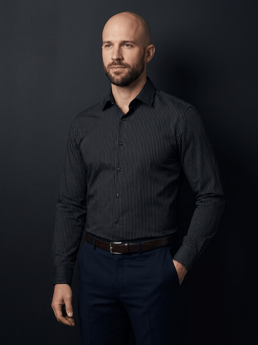 Pinstripe Stretch Shirt – Fitted, Never Ironed • Black