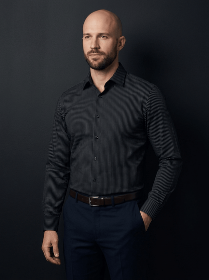 Pinstripe Stretch Shirt – Fitted, Never Ironed • Black