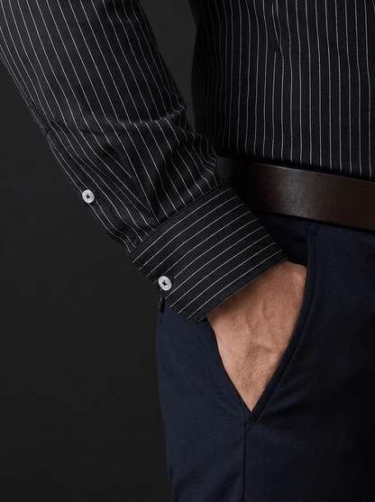 Pinstripe Stretch Shirt – Fitted, Never Ironed • Black