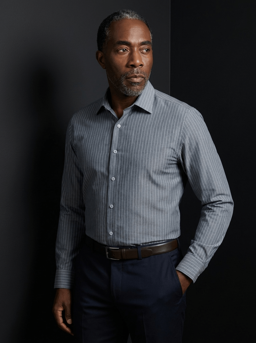 Pinstripe Stretch Shirt – Fitted, Never Ironed • Blue Gray