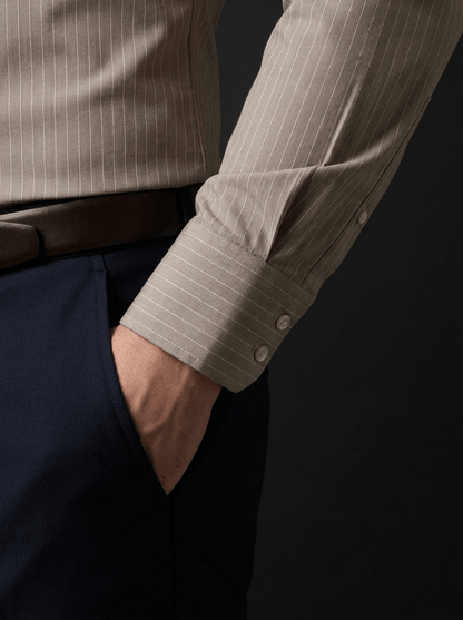 Pinstripe Stretch Shirt – Fitted, Never Ironed • Khaki