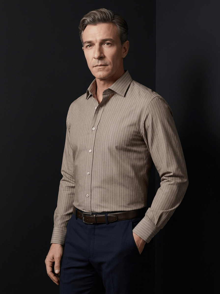 Pinstripe Stretch Shirt – Fitted, Never Ironed • Khaki