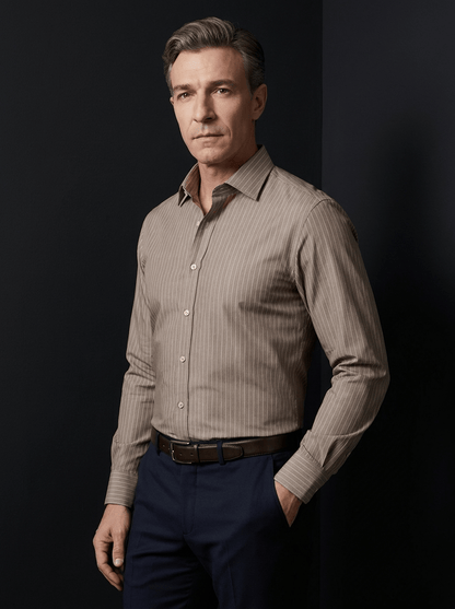 Pinstripe Stretch Shirt – Fitted, Never Ironed • Khaki
