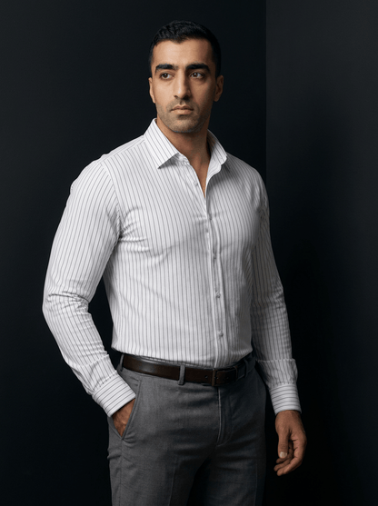 Pinstripe Stretch Shirt – Fitted, Never Ironed • White