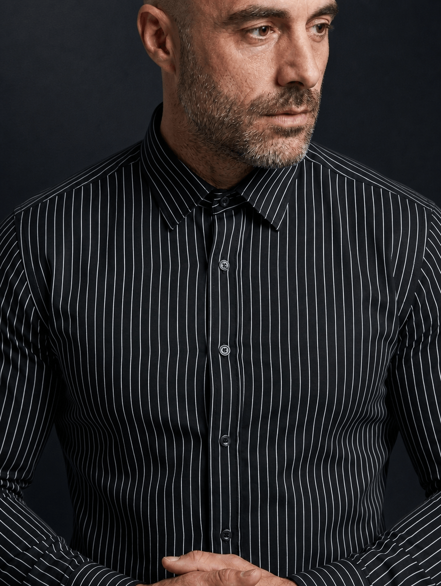Pinstripe Stretch Shirt – Fitted, Never Ironed • Black