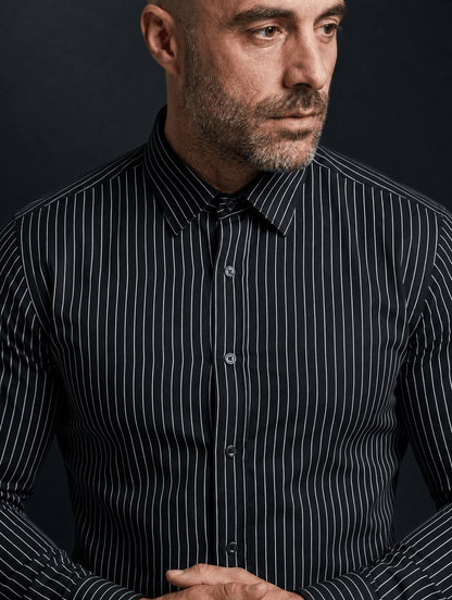 Pinstripe Stretch Shirt – Fitted, Never Ironed • Black