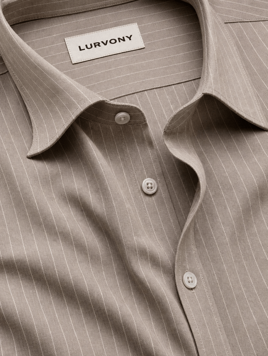 Pinstripe Stretch Shirt – Fitted, Never Ironed • Khaki