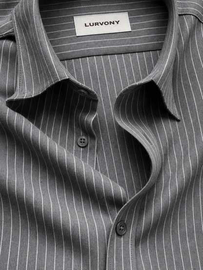 Pinstripe Stretch Shirt – Fitted, Never Ironed • Dark Gray