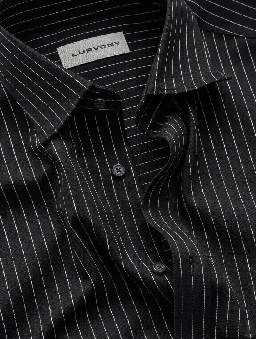 Pinstripe Stretch Shirt – Fitted, Never Ironed • Black