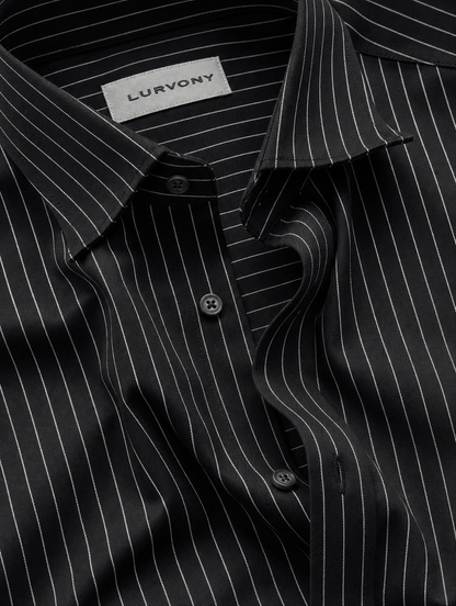 Pinstripe Stretch Shirt – Fitted, Never Ironed • Black