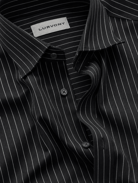 Pinstripe Stretch Shirt – Fitted, Never Ironed • Black