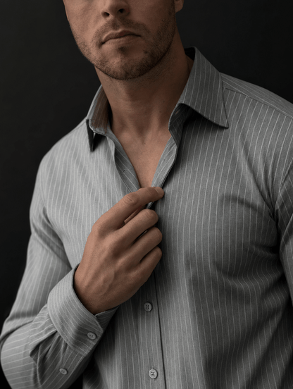 Pinstripe Stretch Shirt – Fitted, Never Ironed • Gray